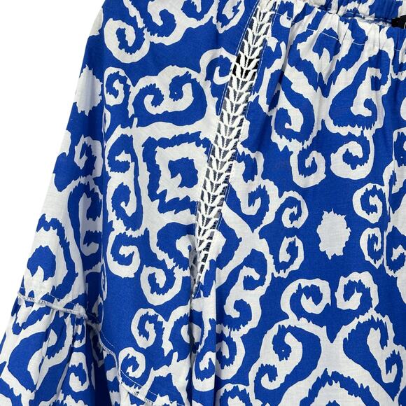 New Calessa Blue Abstract Ikat Print 3/4 Tiered Sleeve Tunic Shirt Size Small - Picture 3 of 7